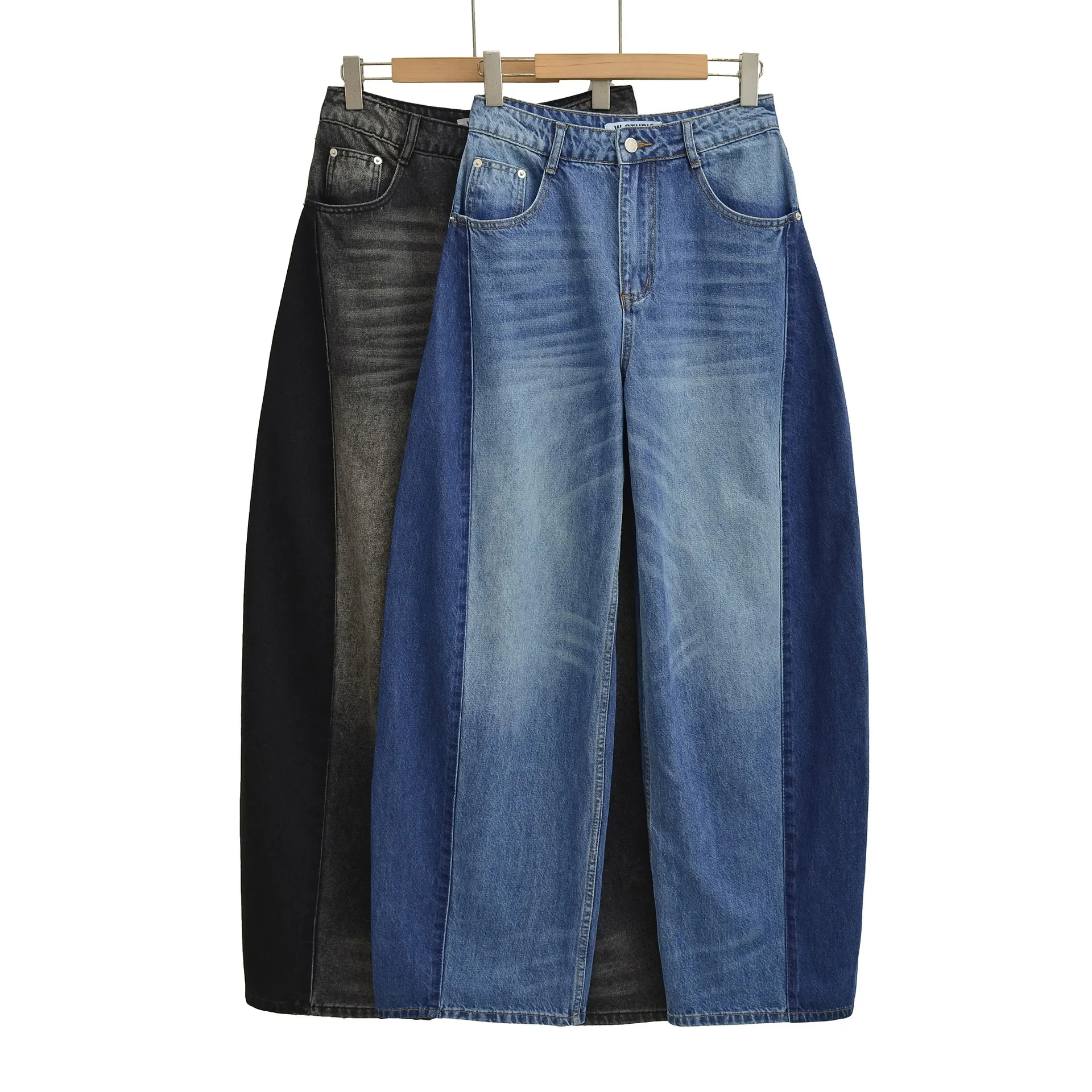 Color Block Full Length Jeans for Women in Denim Cotton Featuring Patchwork Design, Streetwear Style