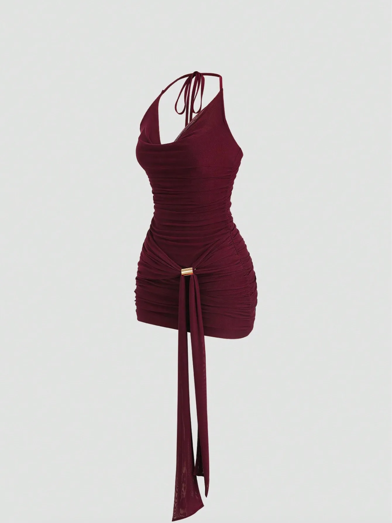 Solid Color Sexy Sleeveless Mesh Dress with Halter Neck in Polyester for Banquet
