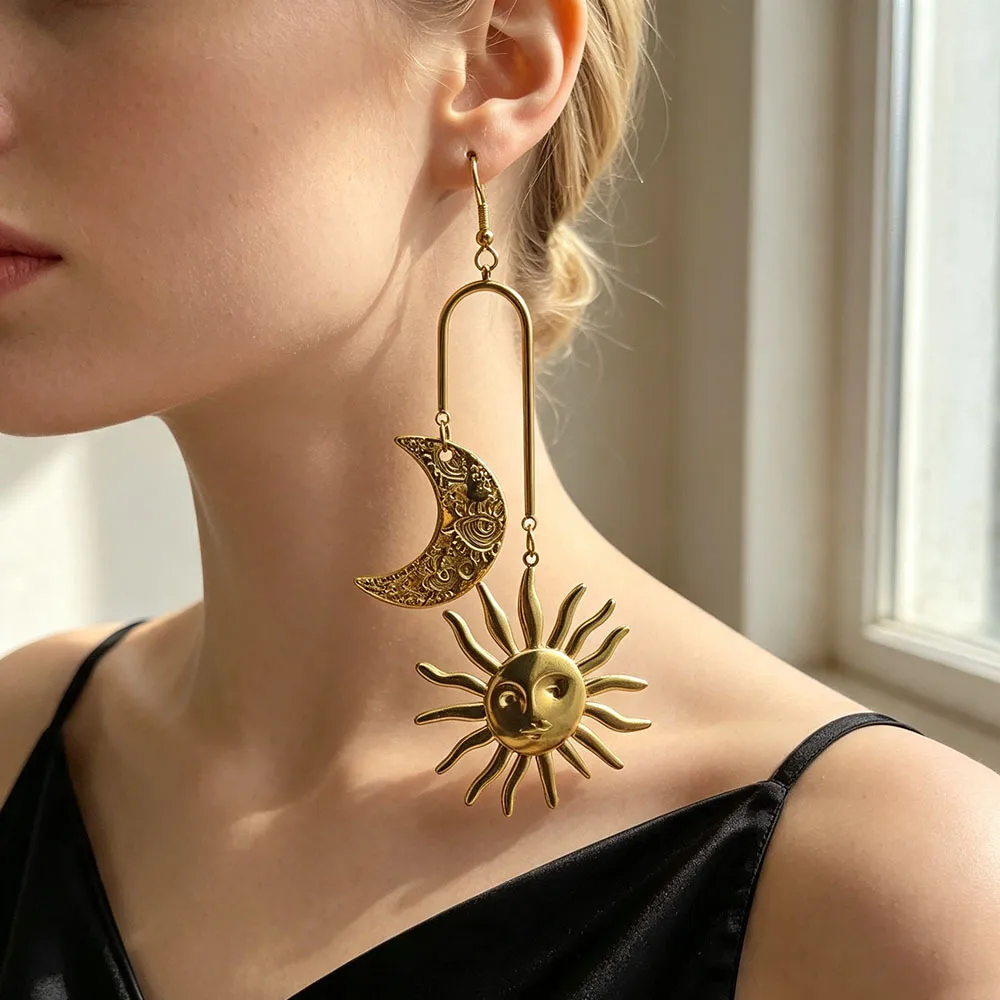 Retro Moon Tassel Drop Earrings for Women in 18K Real Gold Plated 304 Stainless Steel