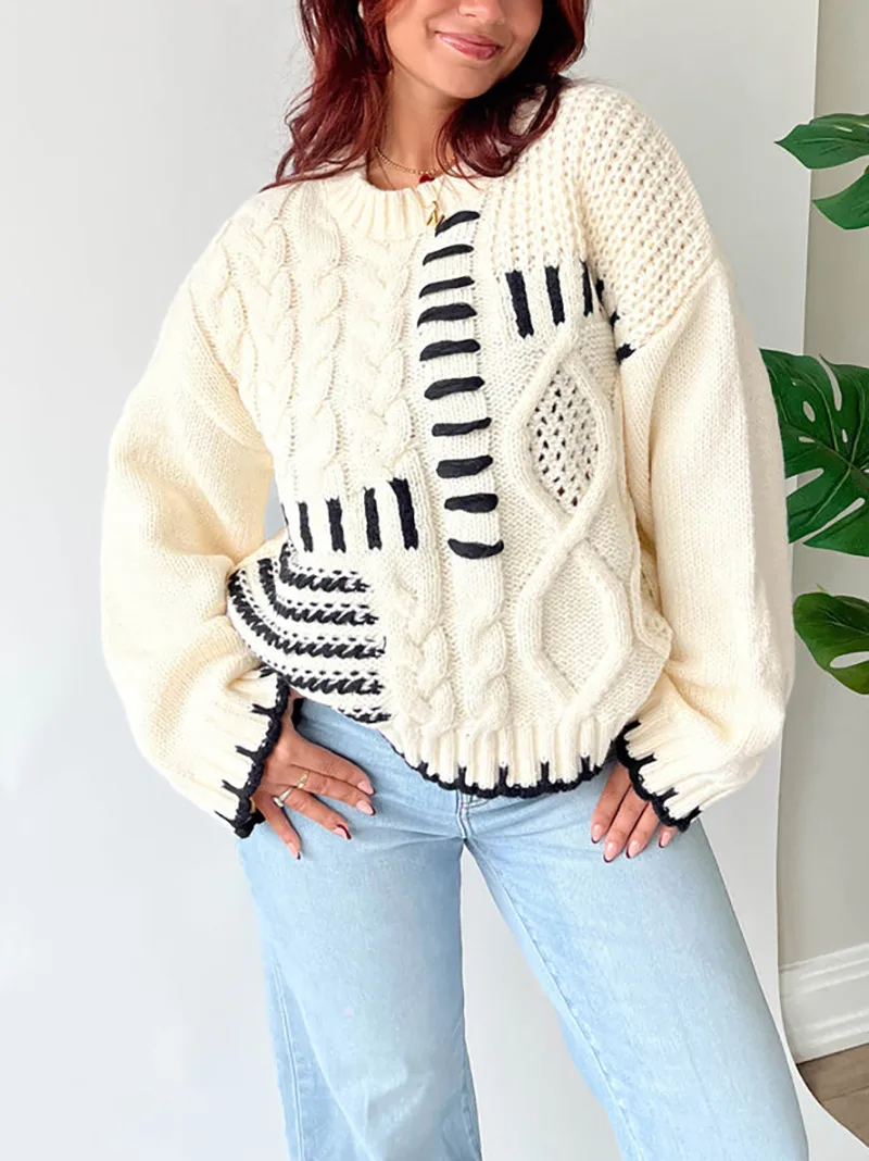 Striped Crochet Lace Long Sleeve Loose Pullover Sweater for Women
