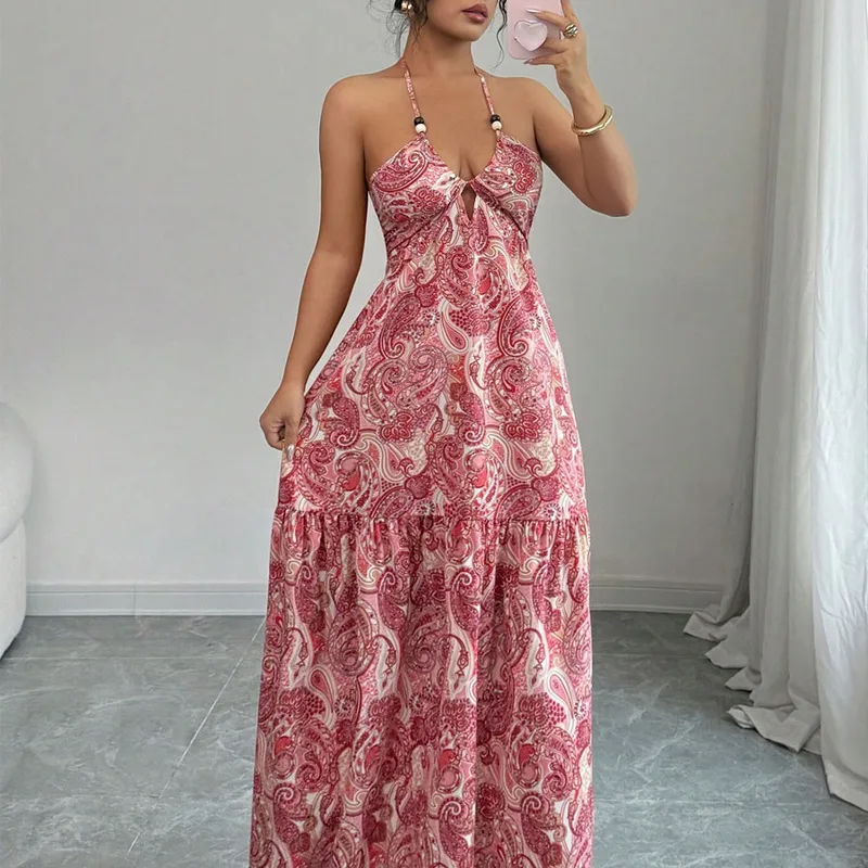 Vacation Strap Bandage Dress in Polyester Fabric Featuring Backless Design and Maxi Long Length