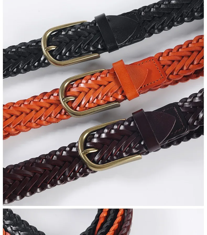 Retro Women’s Braided Genuine Leather Belt with Alloy Pin Buckle Featuring Braid Surface Finish