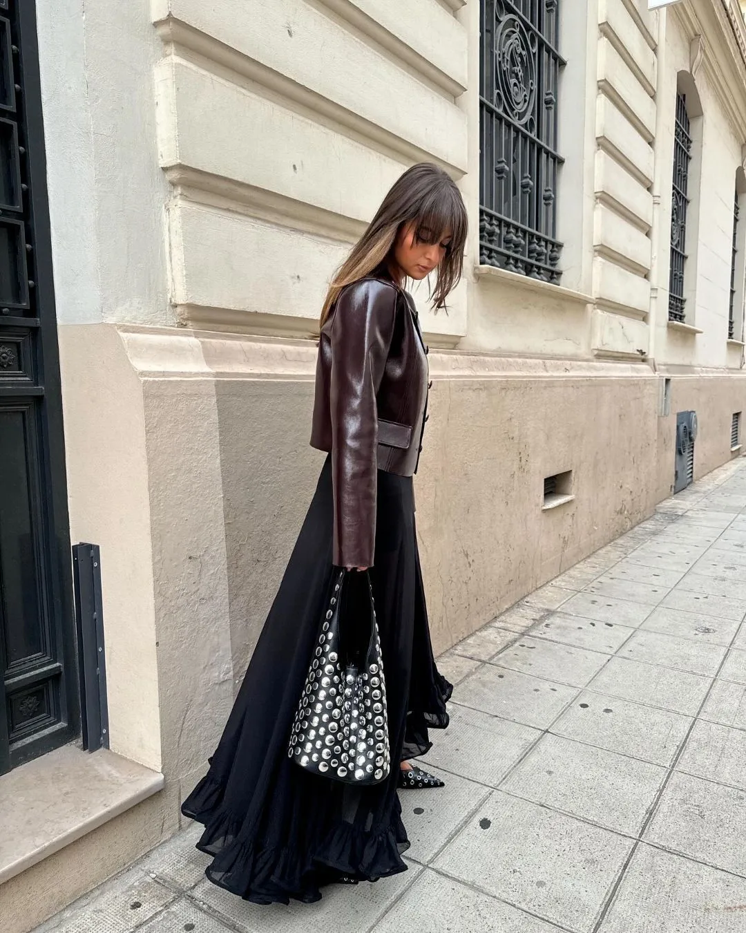 3D Print Streetwear Single Breasted Leather Jacket for Women in PU Fabric with Round Neck Design