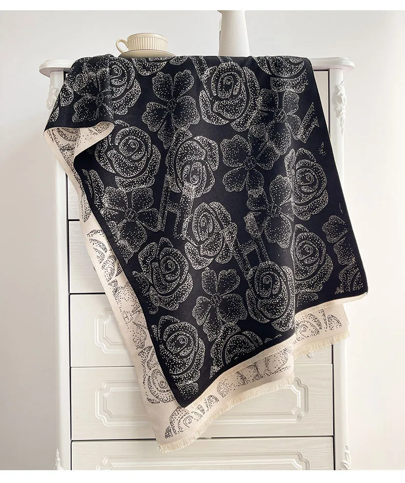 Women’s Polyester Scarf with Flowers Pattern in Wine Red, Perfect for Autumn & Winter