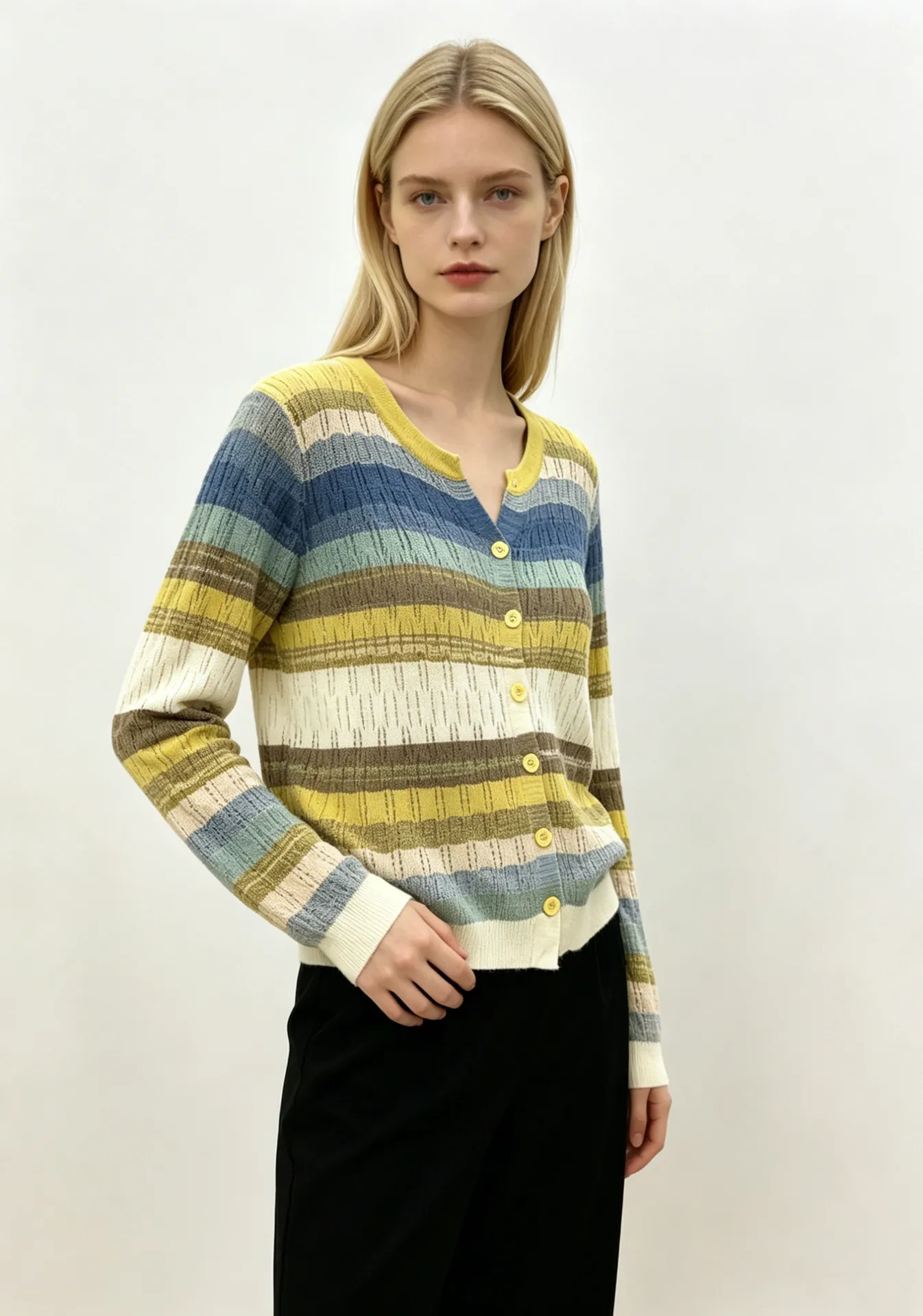 Color Block Long Sleeve Simple Style Viscose Knitwear for Women with Hollow Out Craft and Placket
