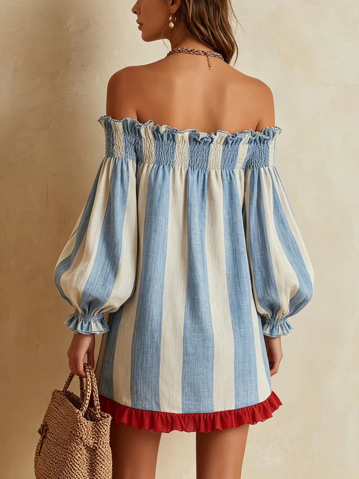 Stripe Off Shoulder Long Sleeve Vacation Dress in Polyester Fabric, Above Knee Length Regular Dress