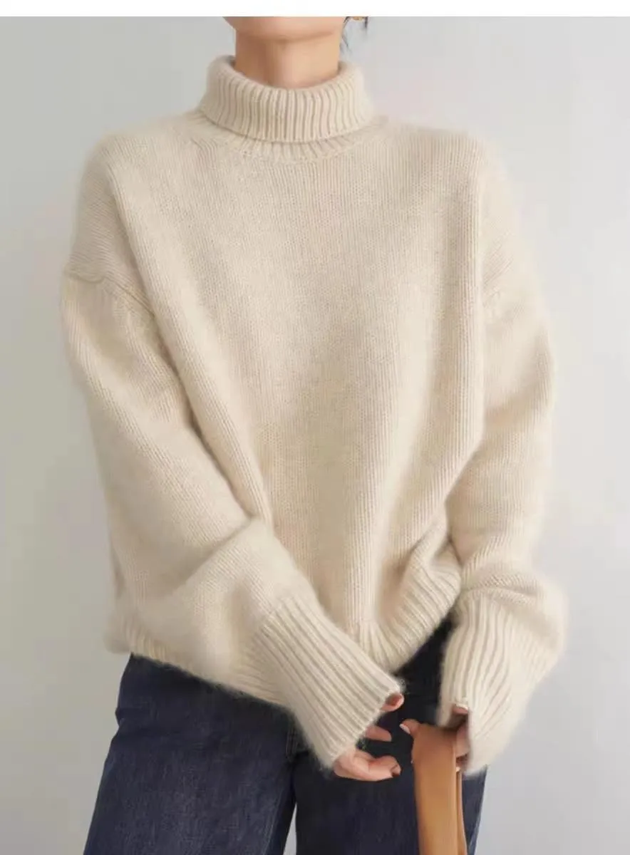 Loose Turtleneck Long Sleeve Solid Color Acrylic Sweater for Women