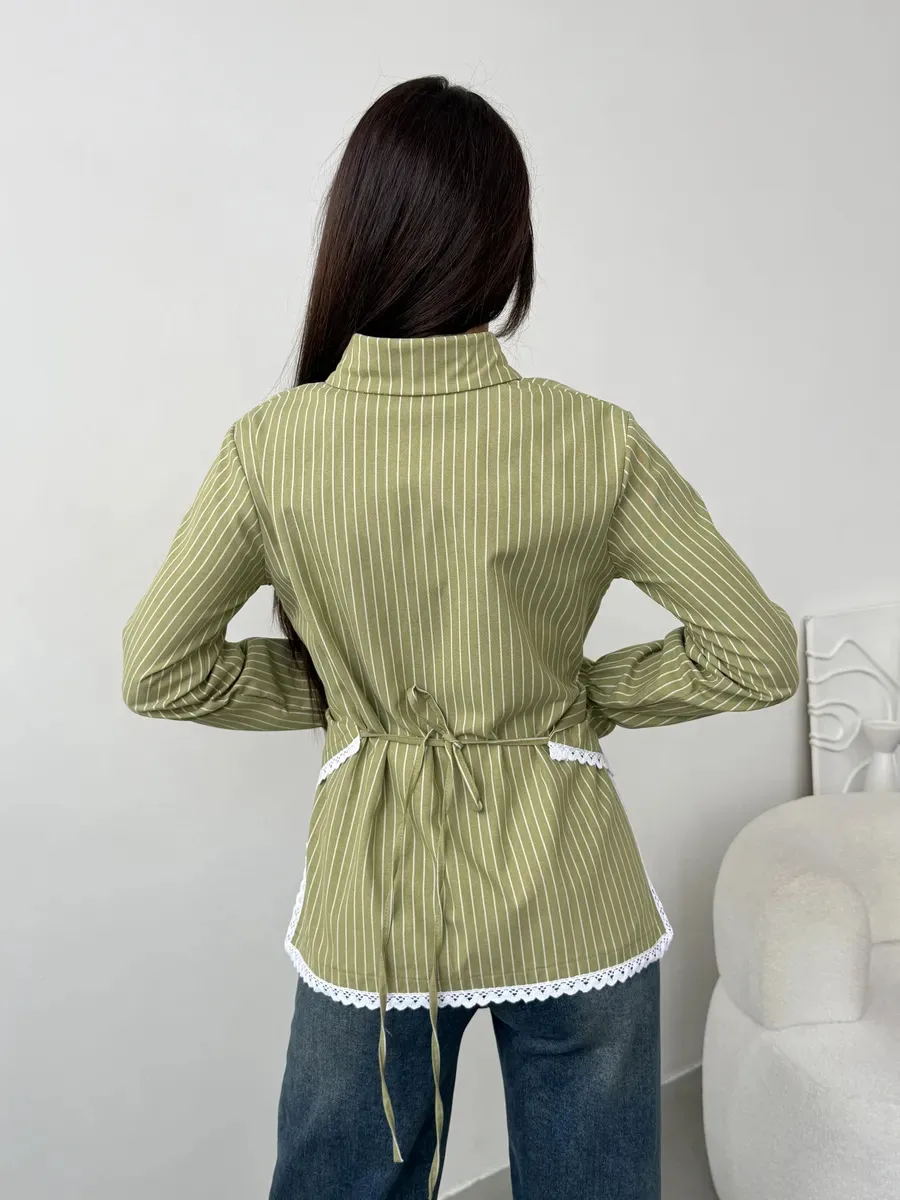 Stripe Long Sleeve Streetwear Cotton Shirt for Women Featuring Criss Cross Craft and Single Breasted Design