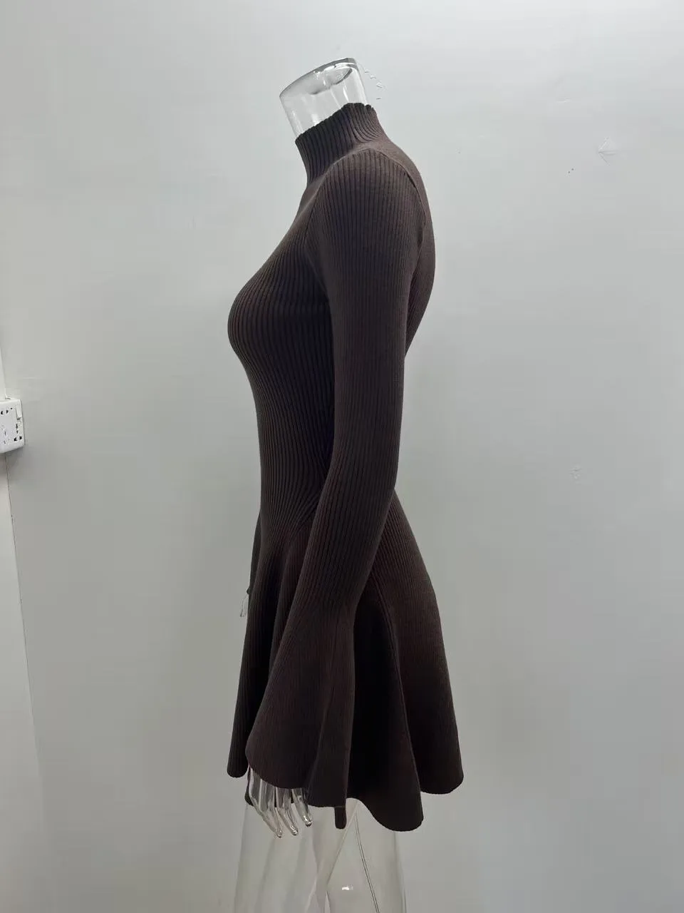Solid Color Long Sleeve Turtleneck Sweater Dress in Polyester Fabric with Above Knee Length for Streetwear
