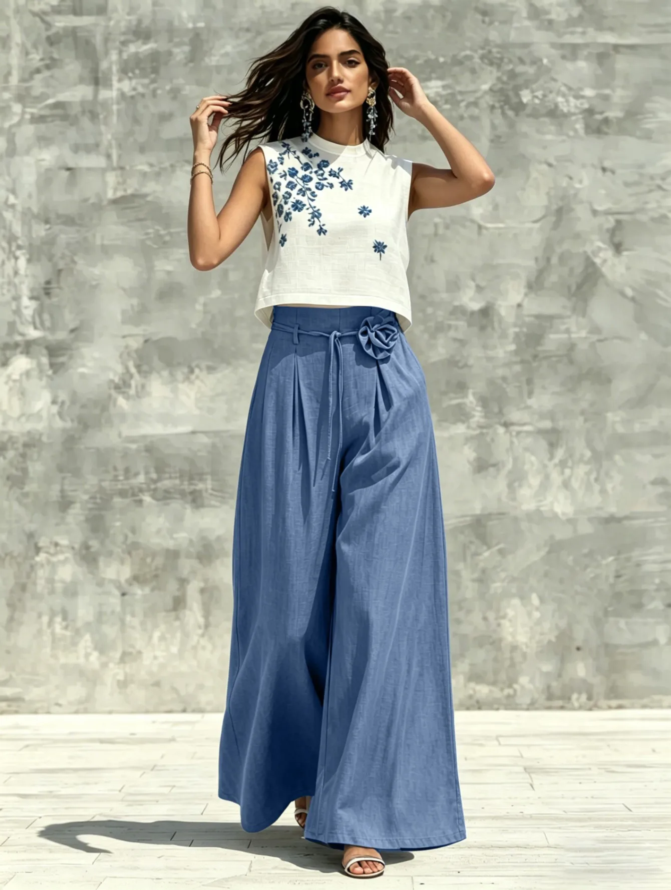 Vacation Wide Leg Pants with Floral Pattern, Full Length Holiday Casual Pants in Polyester Fabric Featuring Elegant Folds