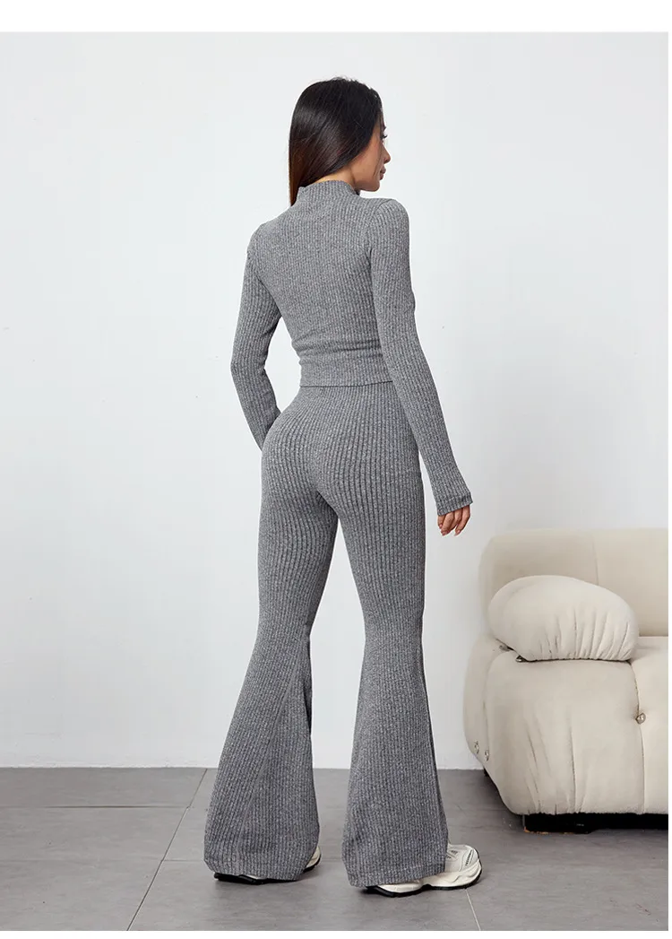 Women's Solid Color Flared Yoga Pants with Zip Collar in Grey Polyester Featuring Zipper Closure