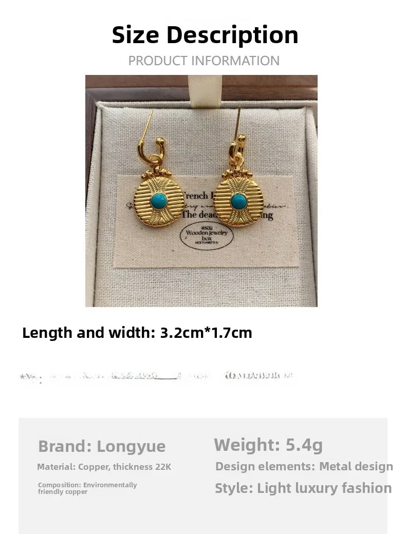 Round Gold Stud Earrings For Women in Ethnic Style Featuring Turquoise Inlay and 925 Sterling Silver size guide