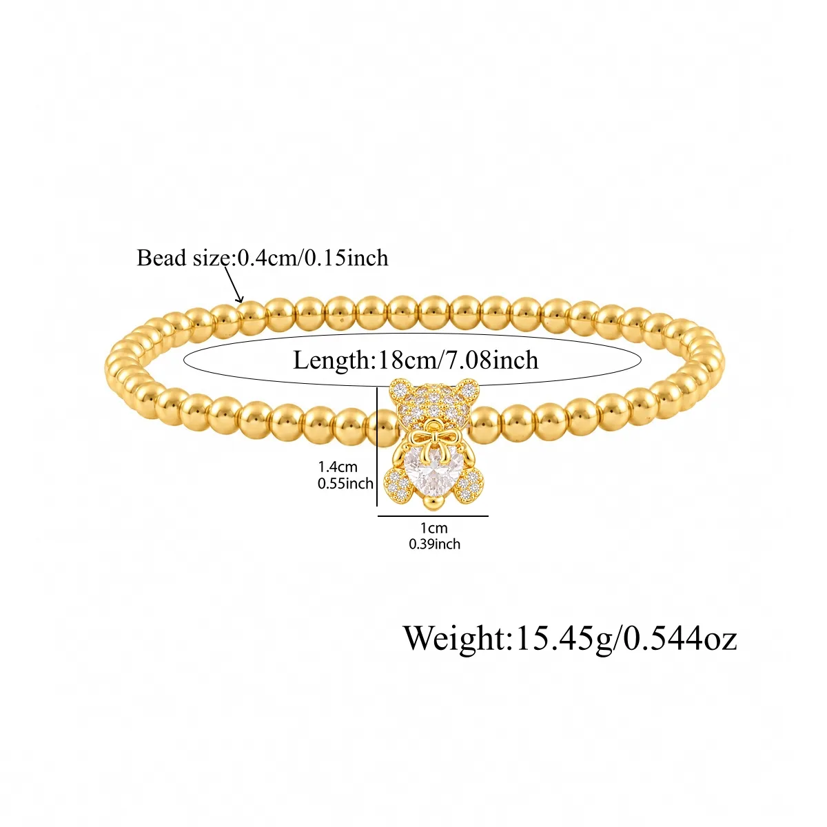 Cute Bear Beading Bracelet in Copper with 18K Real Gold Plated Finish and Artificial Crystal Inlay on Beaded Chain size guide