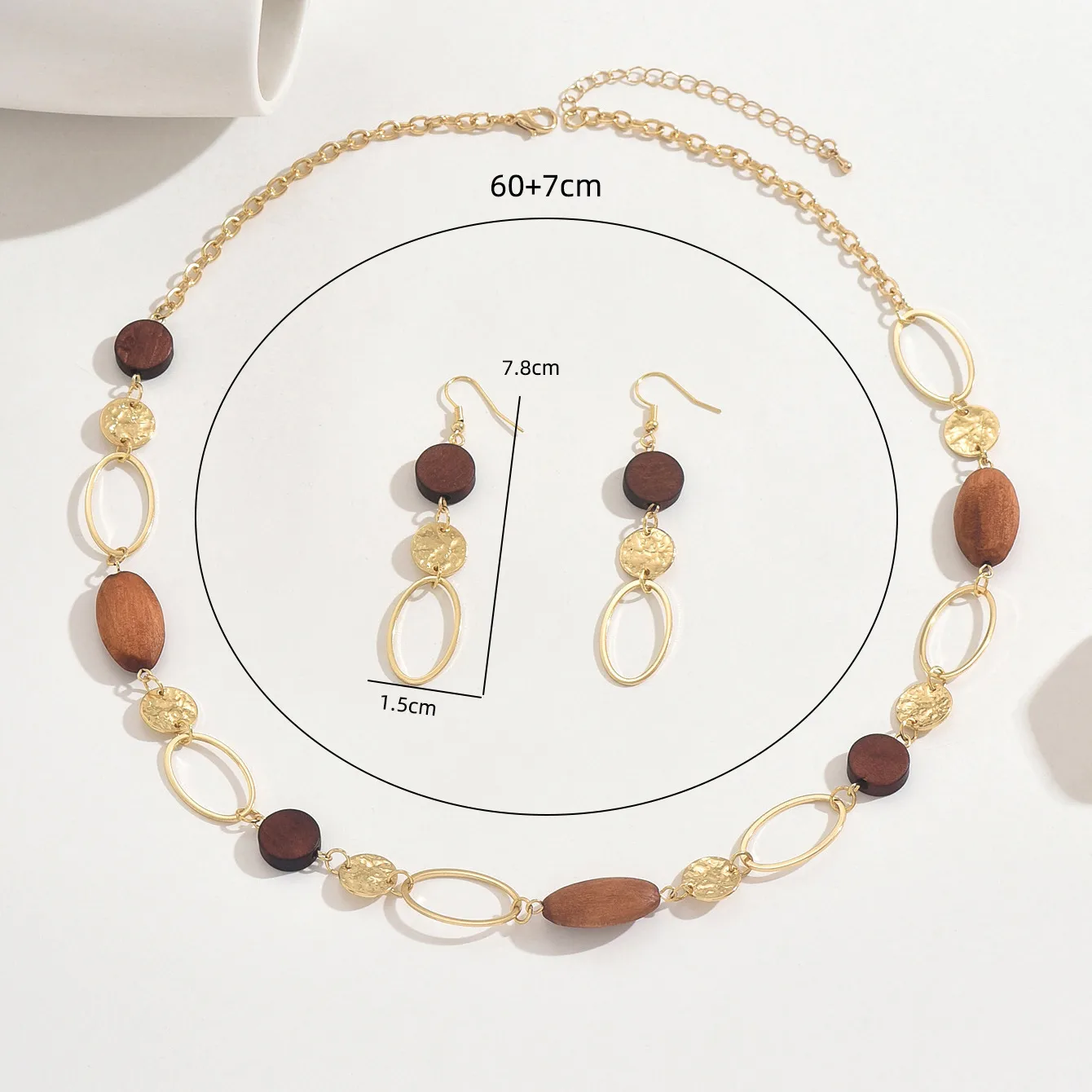 Retro Wooden Geometric Alloy Jewelry Set for Women INS Style Clavicle Necklace and Earring Ensemble size guide