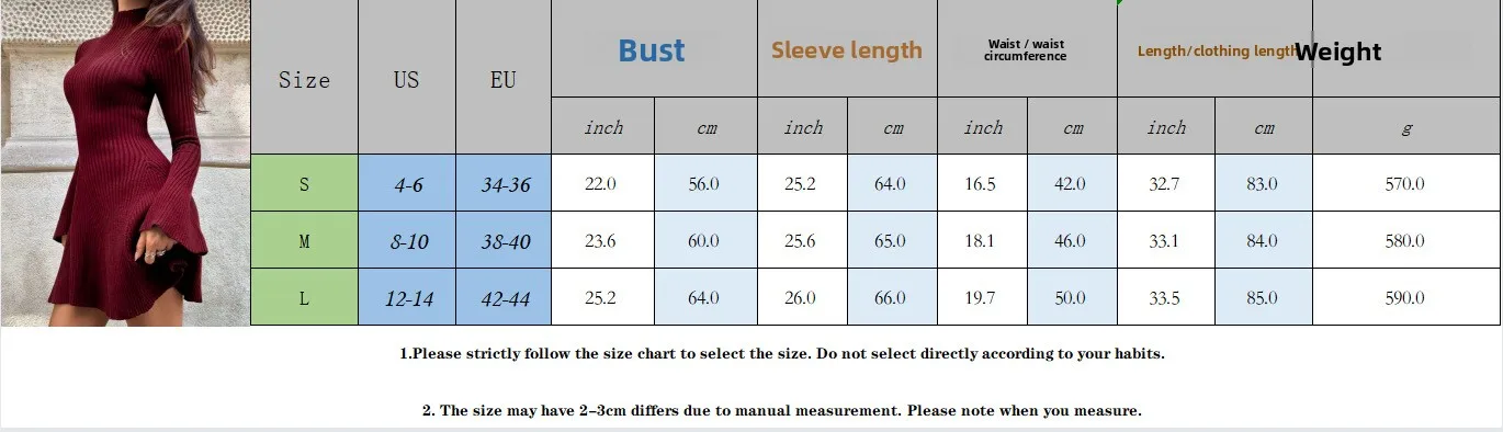 Solid Color Long Sleeve Turtleneck Sweater Dress in Polyester Fabric with Above Knee Length for Streetwear size guide