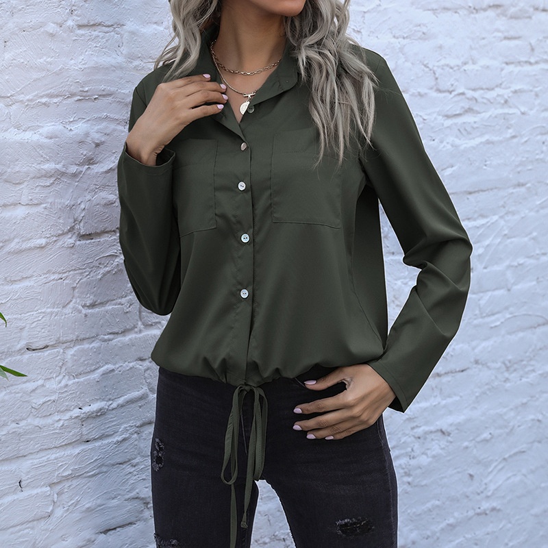 Long Sleeve Solid Color Cardigan Shirt Lace-up