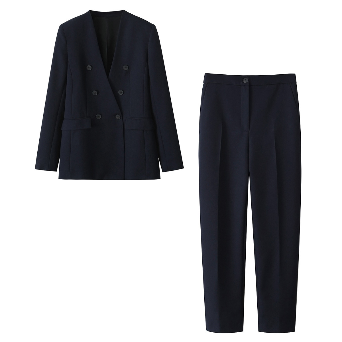 Women's Suit Jacket With Side Buttons No Collar Plus Straight Leg Pants Set