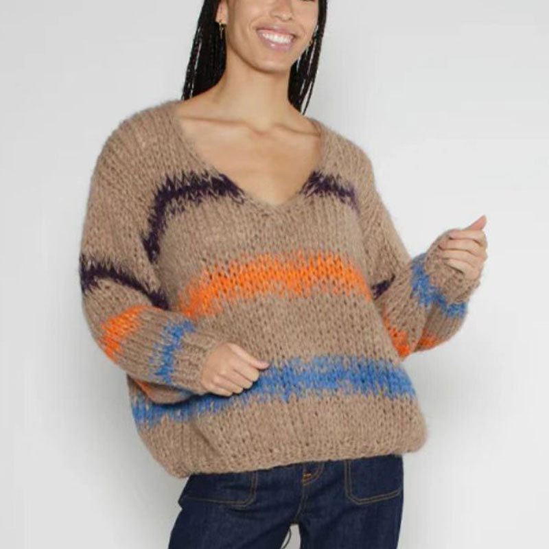 Casual Long Sleeve V-neck Women's Knitwear Mixed Color Stripe Design Loose Design