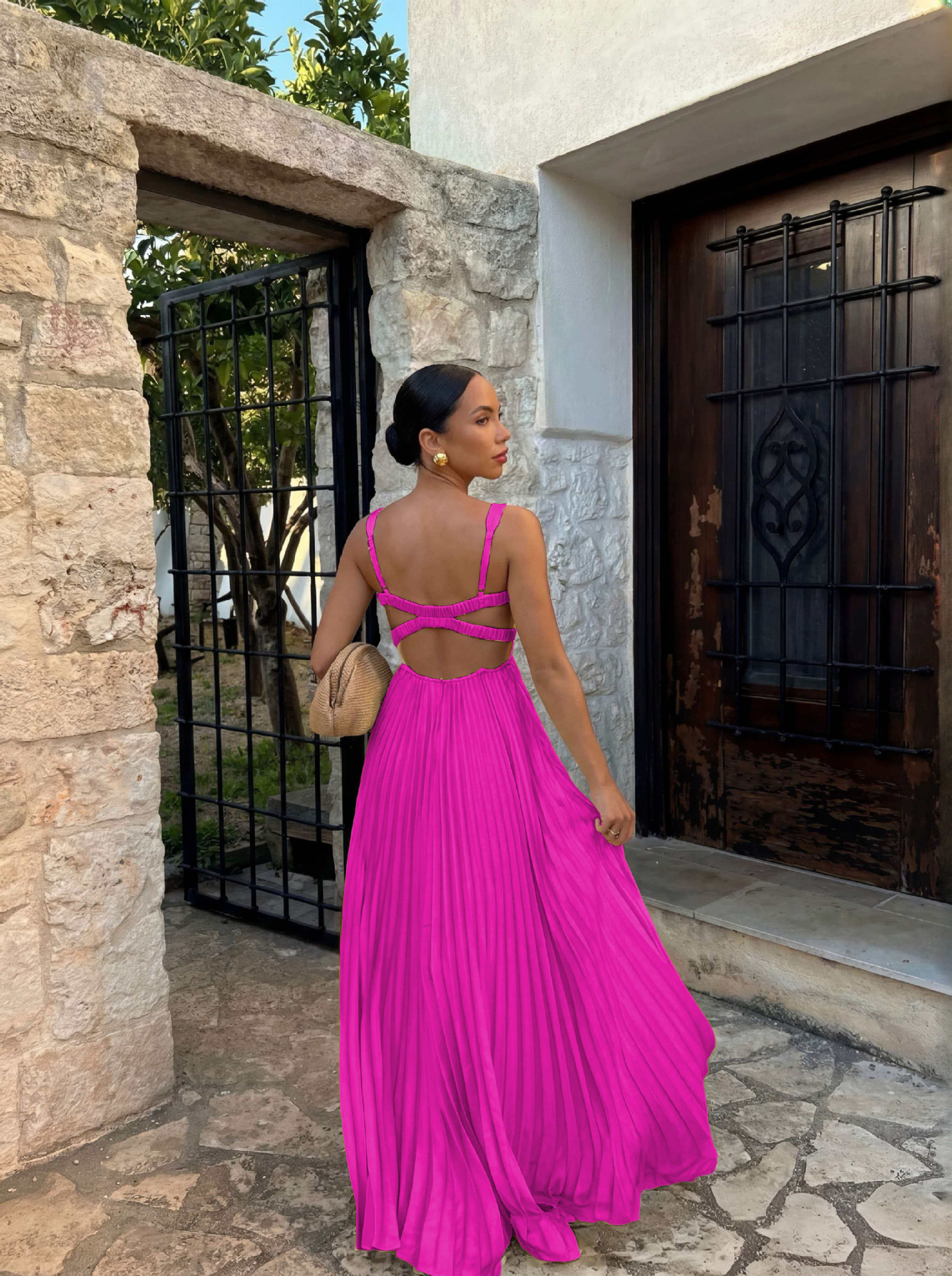 Solid Color Sleeveless V Neck Strap Dress