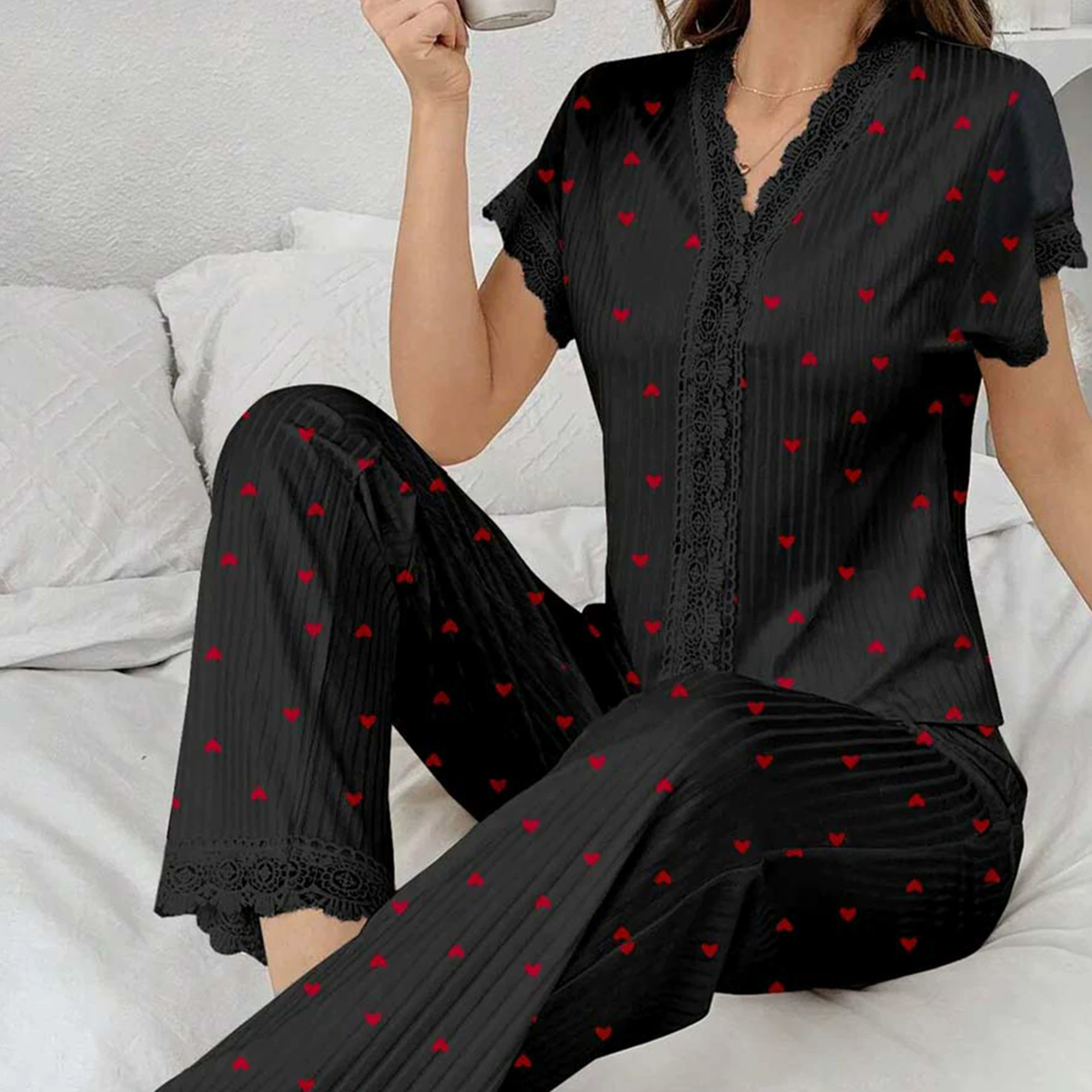 Heart Shape Women’s Simple Style Polyester Pajamas Set