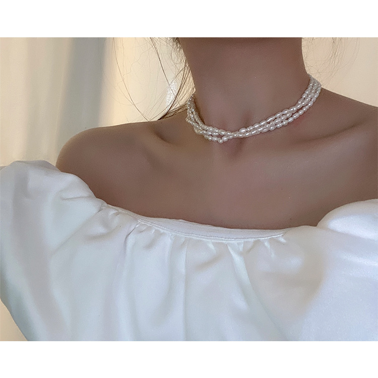 Three Layer Necklace With Freshwater Pearl Inlay And Snake Chain