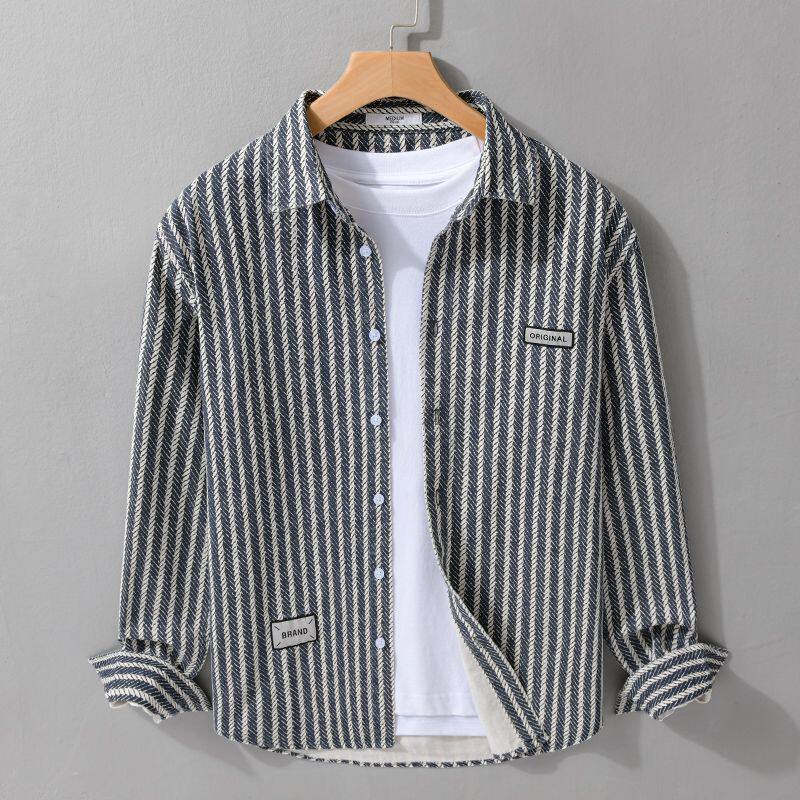 Casual Long Sleeve Stripe Polyester Shirt For Men With Placket