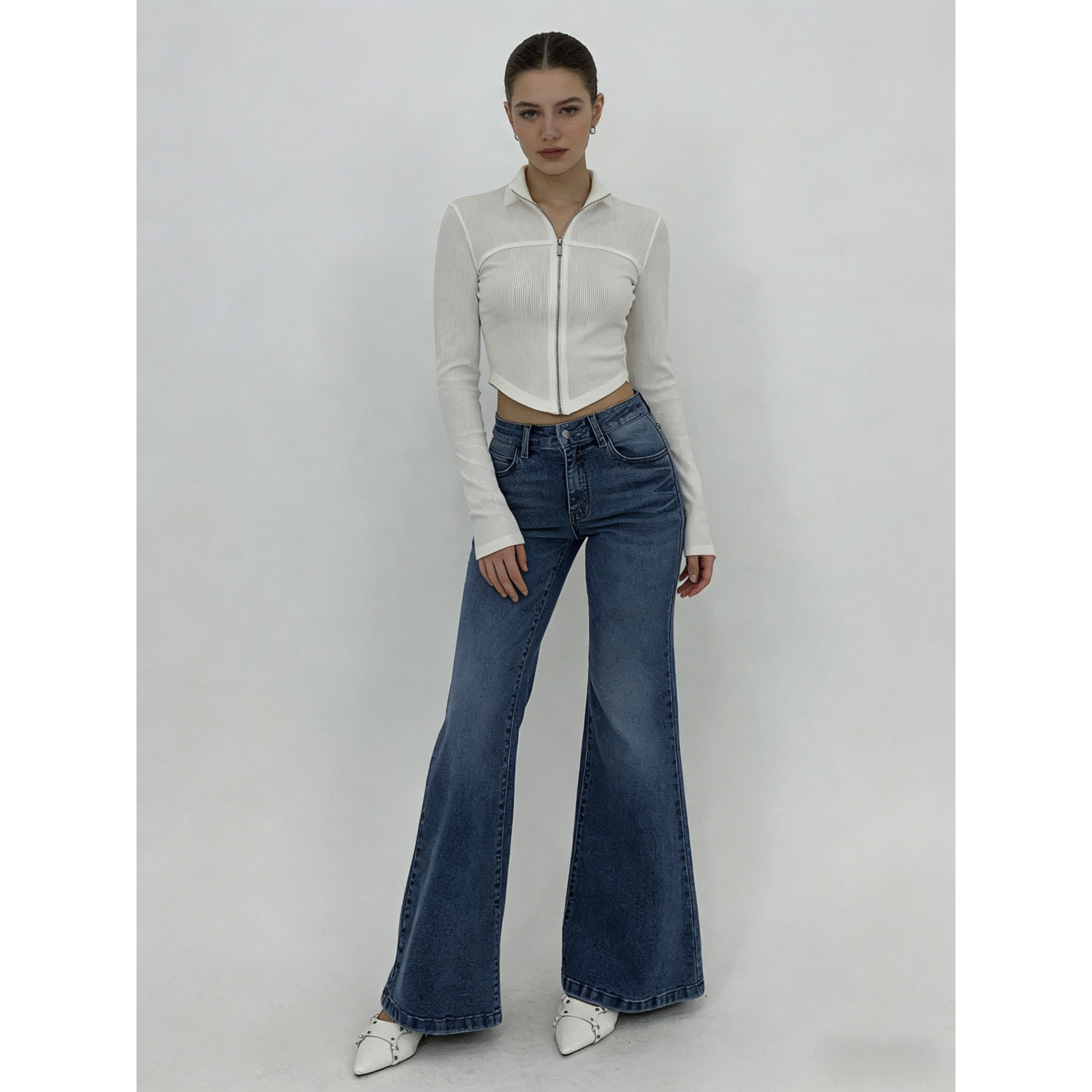Casual Full Length Jeans For Women In Cotton Fabric With Buckle Detail