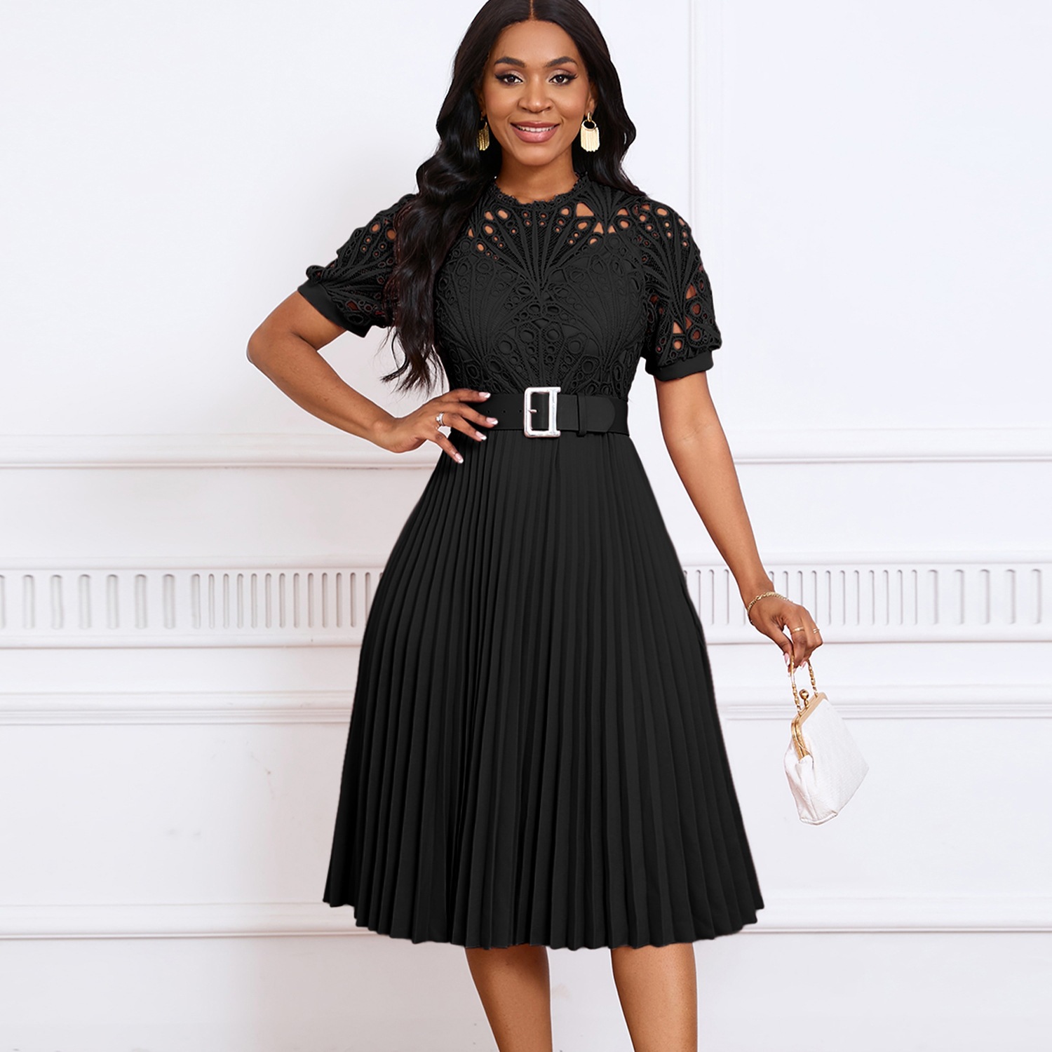 Elegant Solid Color Party Dress With Short Sleeve And Round Neck