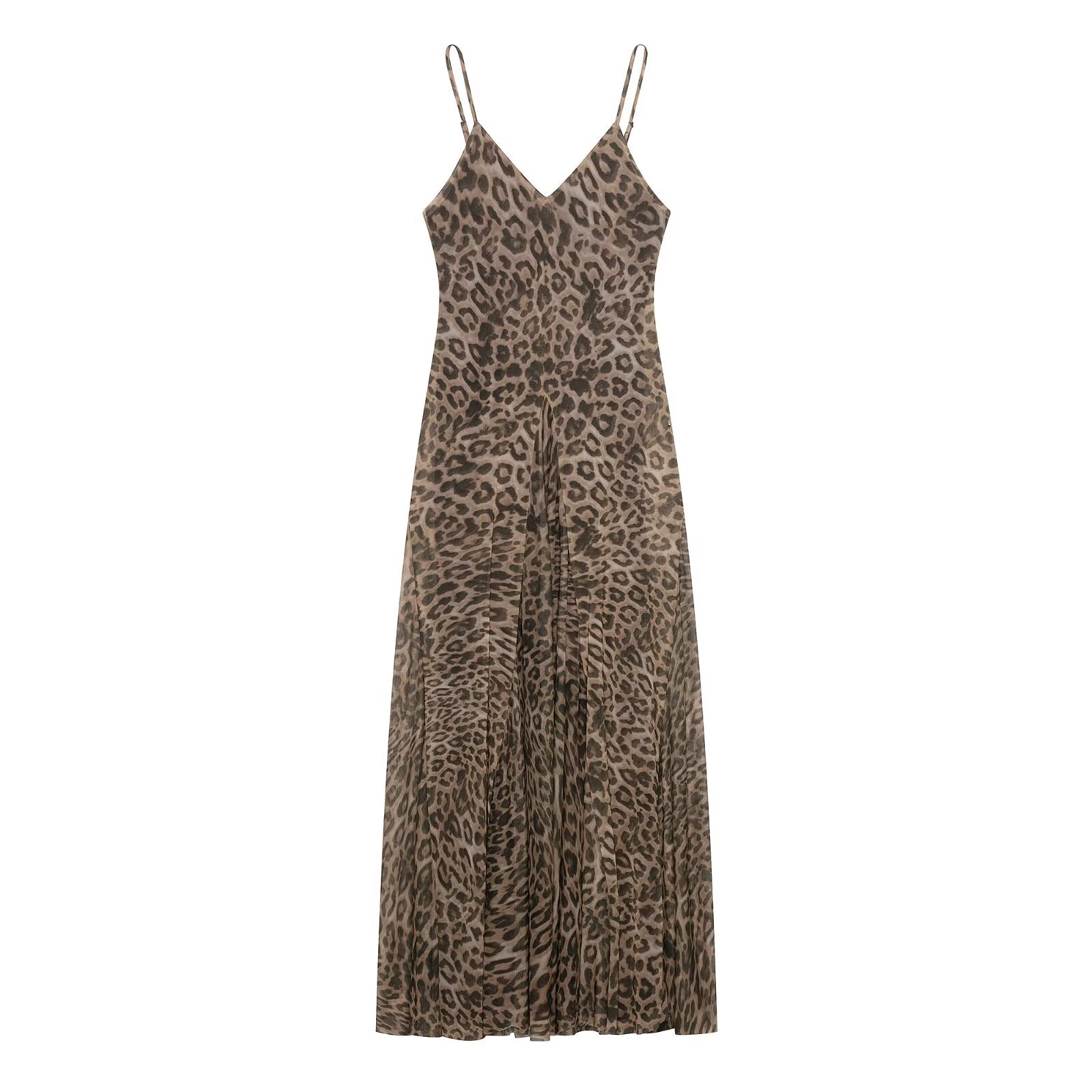 Leopard Print Sleeveless Strap Maxi Long Dress