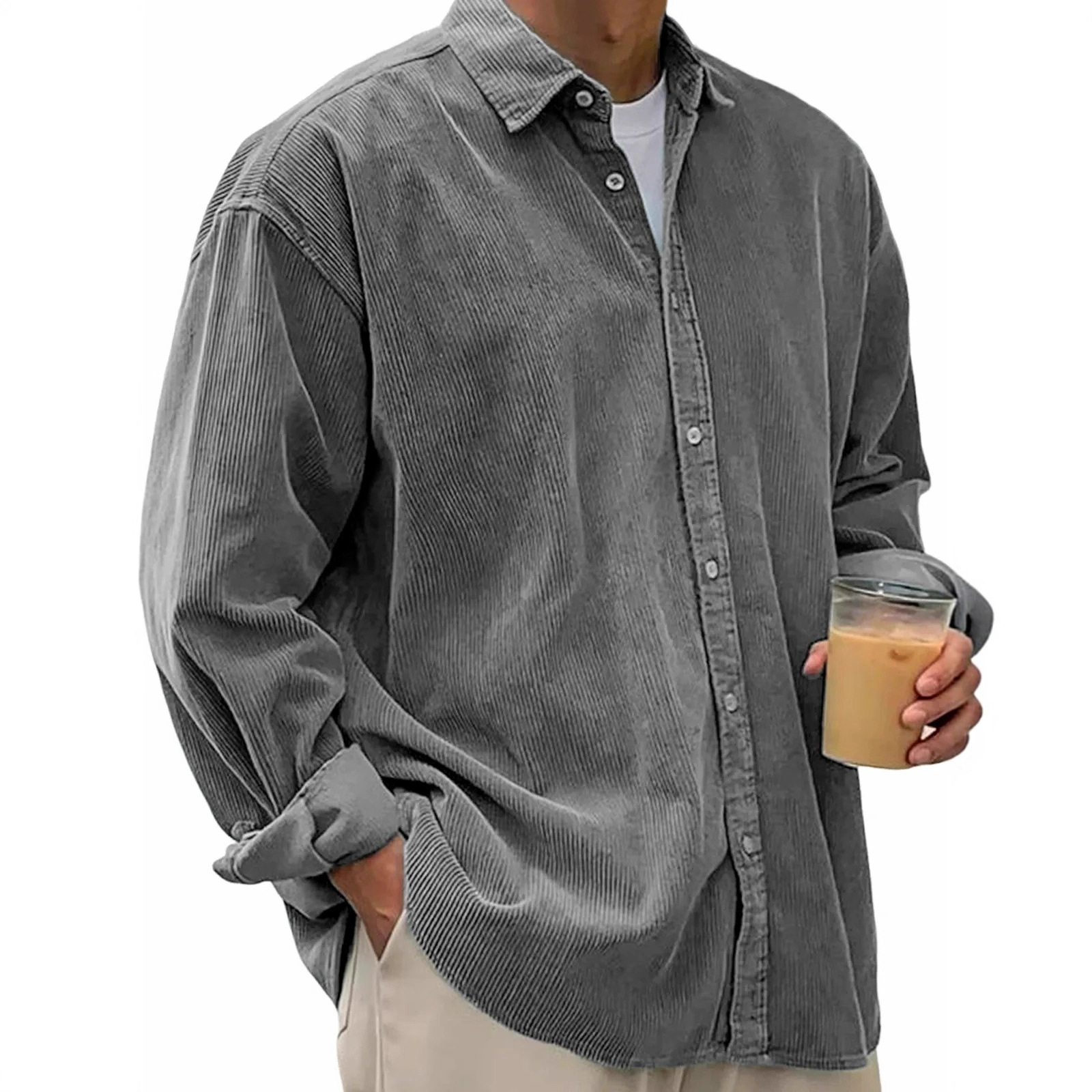 Long Sleeve Men's Shirt In Polyester Fabric With Button Placket