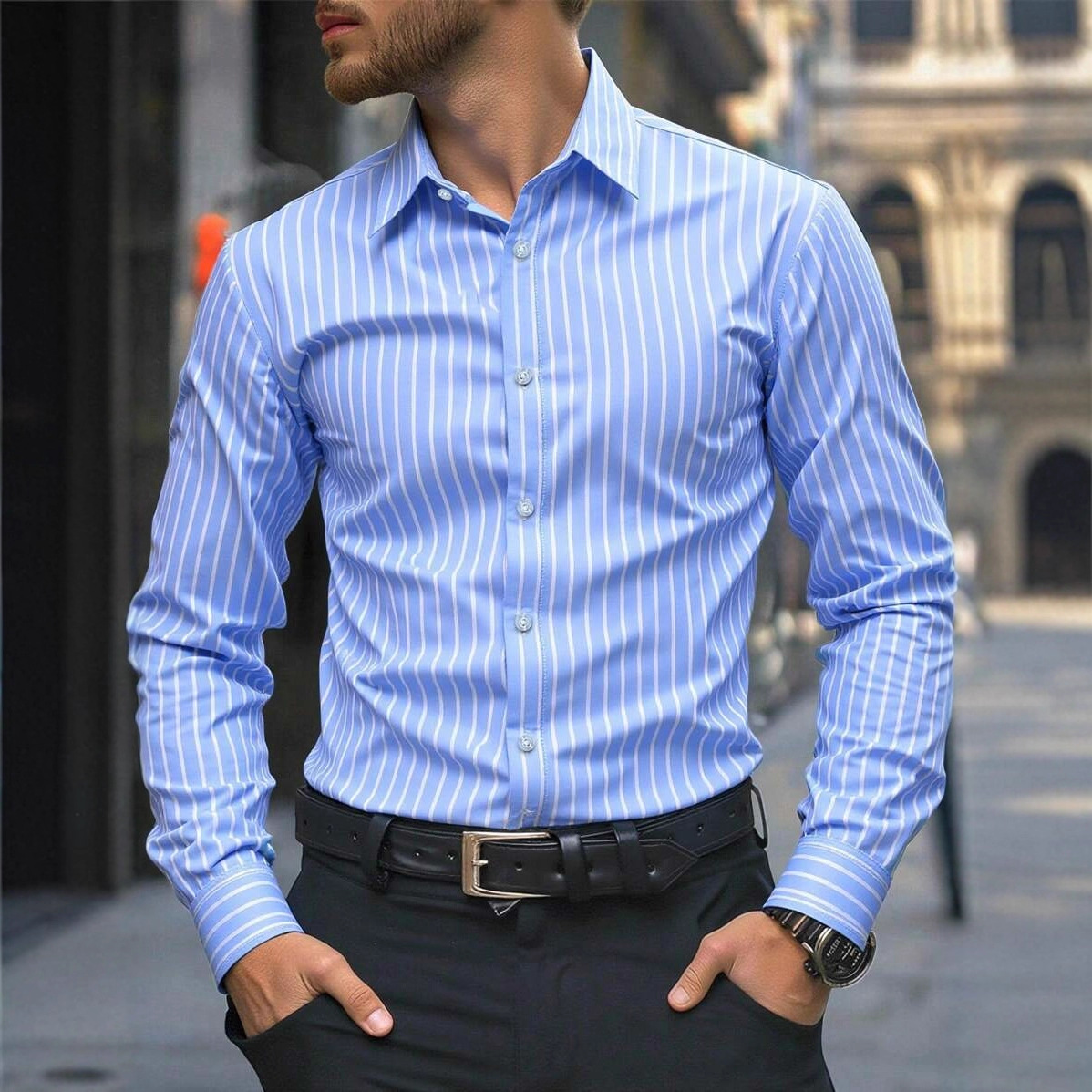 Stripe Casual Long Sleeve Men's Shirt With Printing
