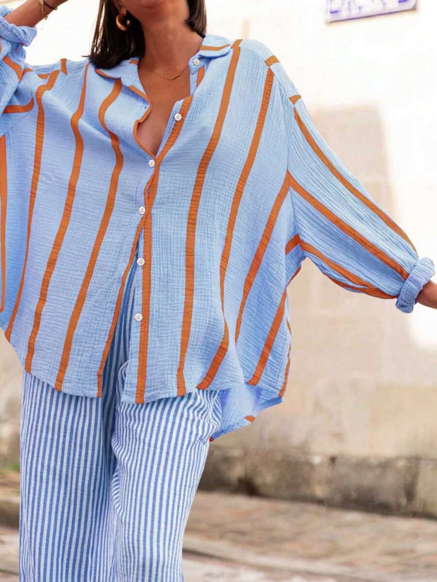 Vintage Style Stripe Long Sleeve Polyester Shirt
