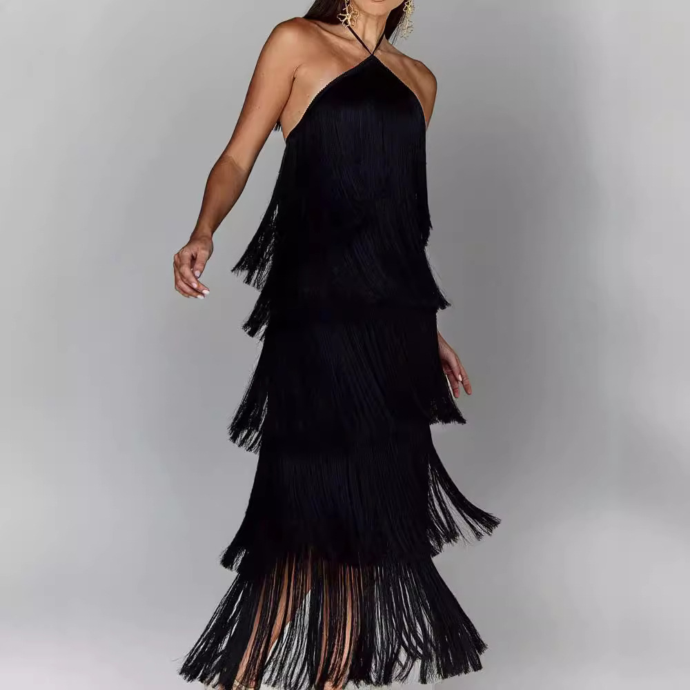 Holiday Cocktail Party Halter Neck Sleeveless Fringe Dress