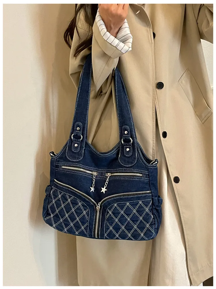 Women’s Solid Color Denim Tote Bag in Square Shape with Single Shoulder Strap and Spacious Capacity