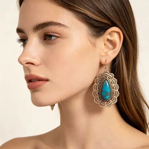 Ethnic Style White Earrings Featuring Turquoise Inlay for Unisex Wear