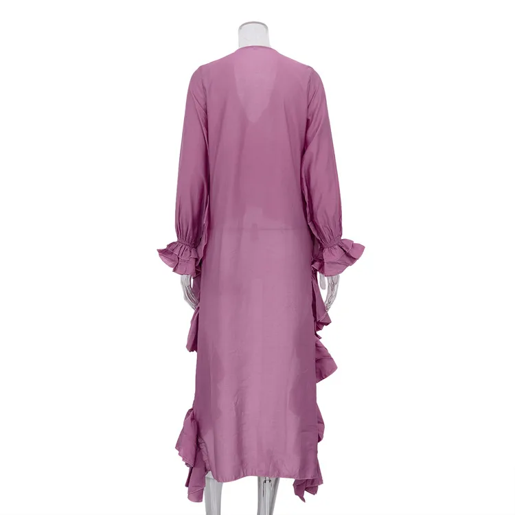Solid Color Long Sleeve Vacation Shirt for Women in Polyester Fabric Featuring Ruffles and Pullover Design