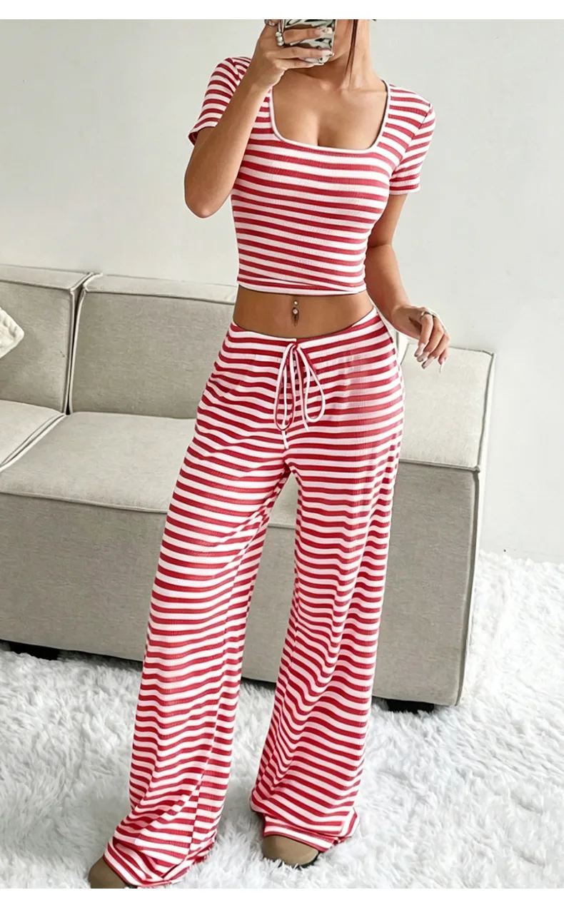 Women’s Casual Stripe Milk Fiber Pajamas with Printing and Dyeing, Perfect for Spring