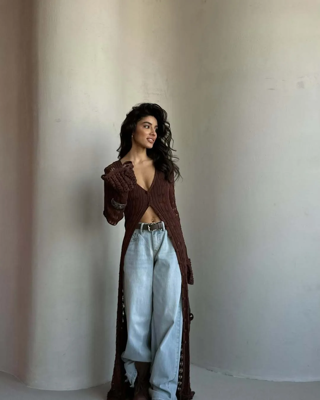 Solid Color Long Sleeve Knit Top for Women with Hollow Out Craft and V Neck, Single Breasted Design