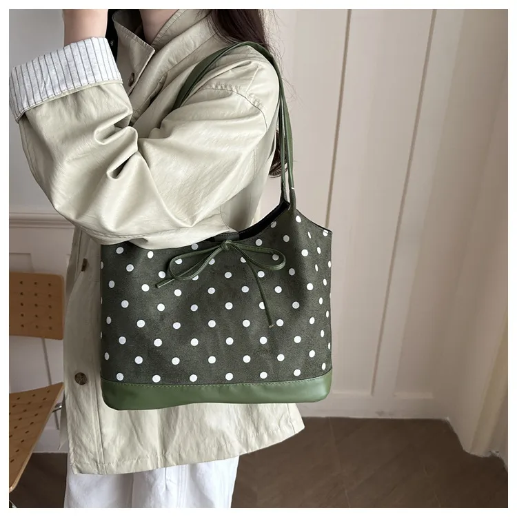 Women’s Suede Polka Dots Tote Bag with Sewing Thread Detail, Single Shoulder Strap, Perfect for Autumn