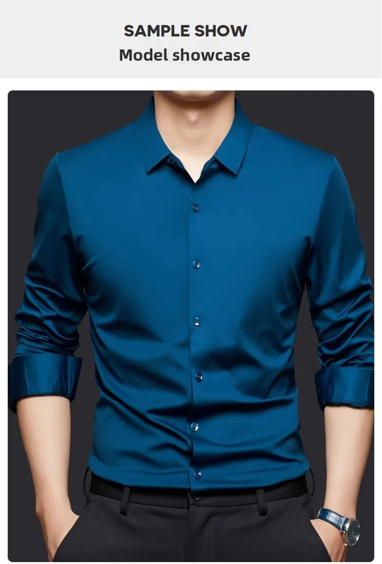 Solid Color Business Long Sleeve Blouse for Men in 4-Way Stretch Fabric, Summer Shirt