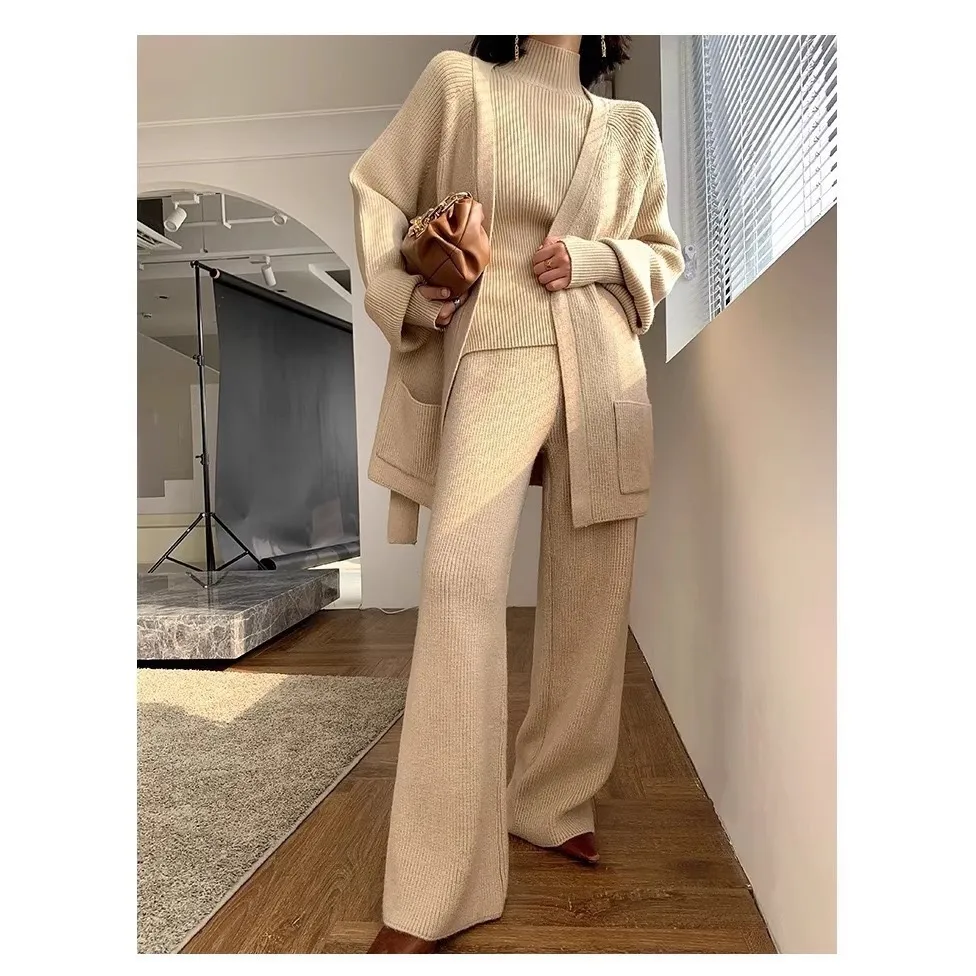 Casual Solid Color Pant Co-ord Set in Acrylic Fabric featuring Patchwork Craft with V Neck and Long Sleeve, 3 Pieces Set