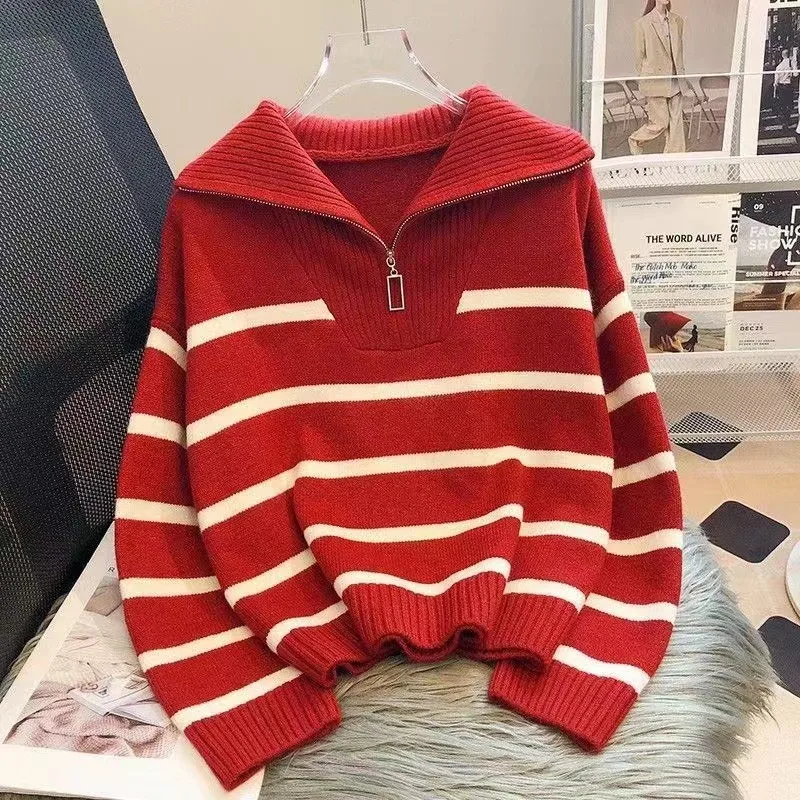 Striped Plaid Long Sleeve Acrylic Pullover Sweater with Zipper
