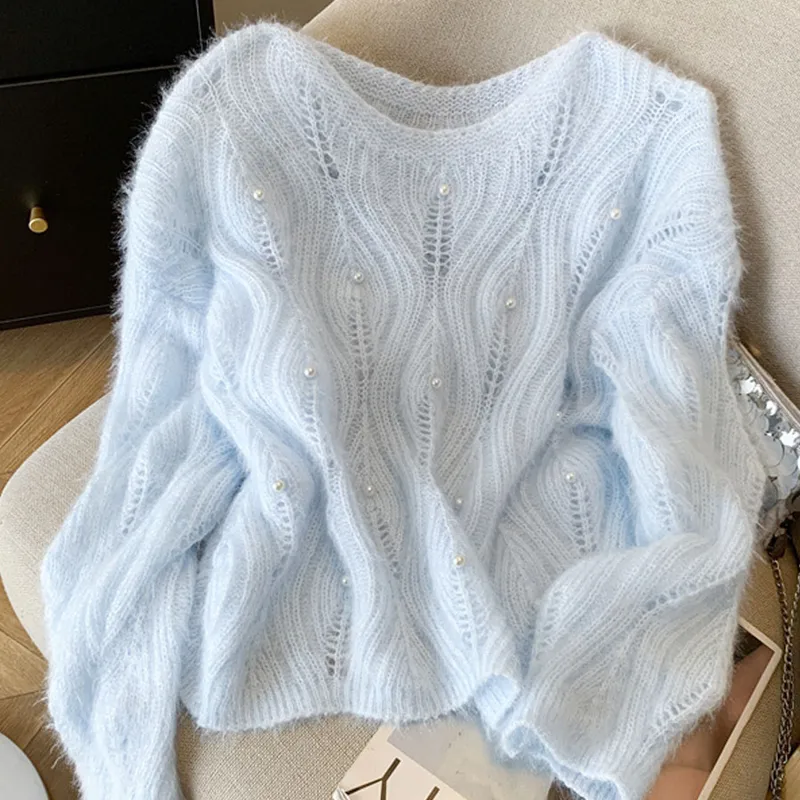 Solid Color Long Sleeve Preppy Style Knitwear Featuring Hollow Out Design in Polyester
