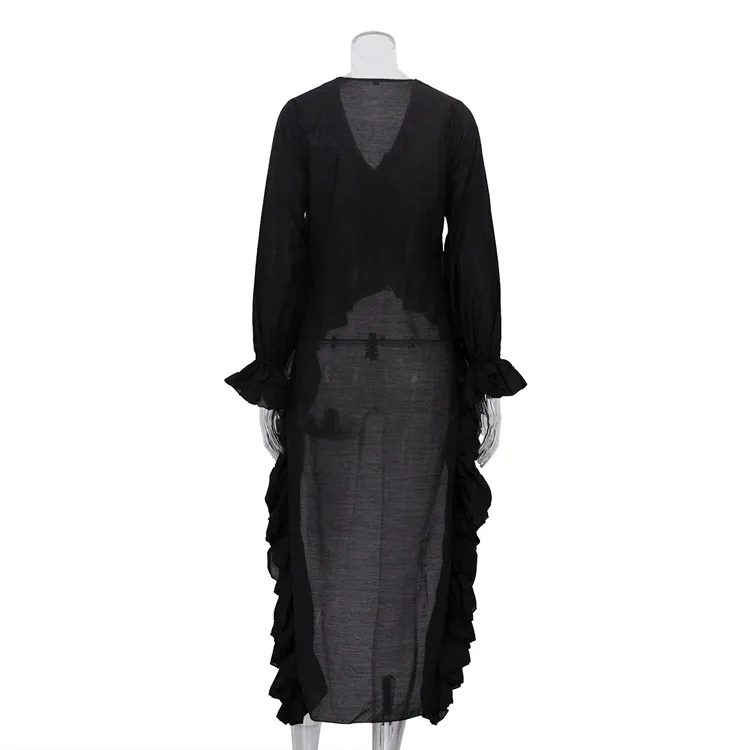 Solid Color Long Sleeve Vacation Shirt for Women in Polyester Fabric Featuring Ruffles and Pullover Design