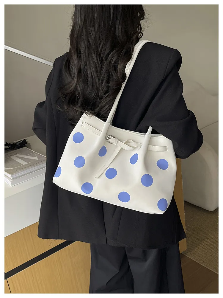 Women’s Square Tote Bag Featuring Polka Dots and Sewing Thread Detail, Made of PU Leather, Ideal for Autumn