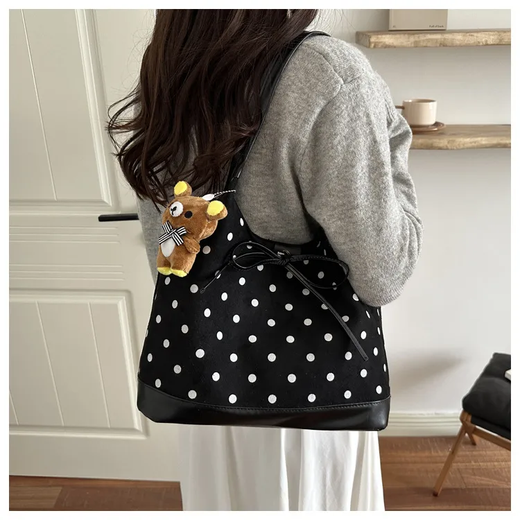 Women’s Suede Polka Dots Tote Bag with Sewing Thread Detail, Single Shoulder Strap, Perfect for Autumn