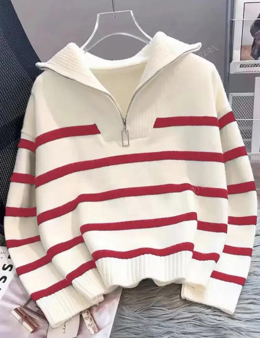 Striped Plaid Long Sleeve Acrylic Pullover Sweater with Zipper