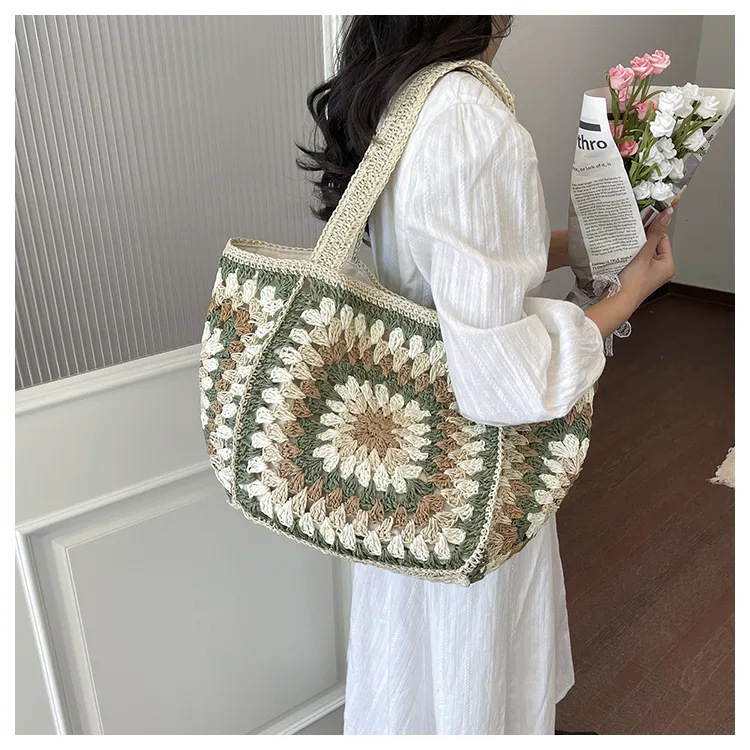 Color Block Square Straw Bag with Braid Detail, Single Shoulder Strap, Perfect for Summer