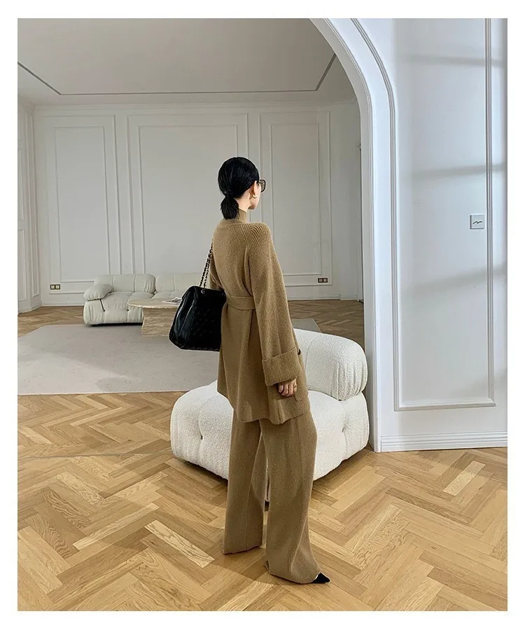Casual Solid Color Pant Co-ord Set in Acrylic Fabric featuring Patchwork Craft with V Neck and Long Sleeve, 3 Pieces Set