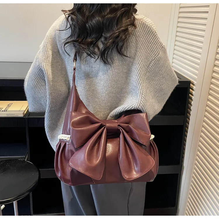 PU Leather Tote Bag for Women Featuring a Square Bow Tie Design with Single Shoulder Strap, Ideal for Winter